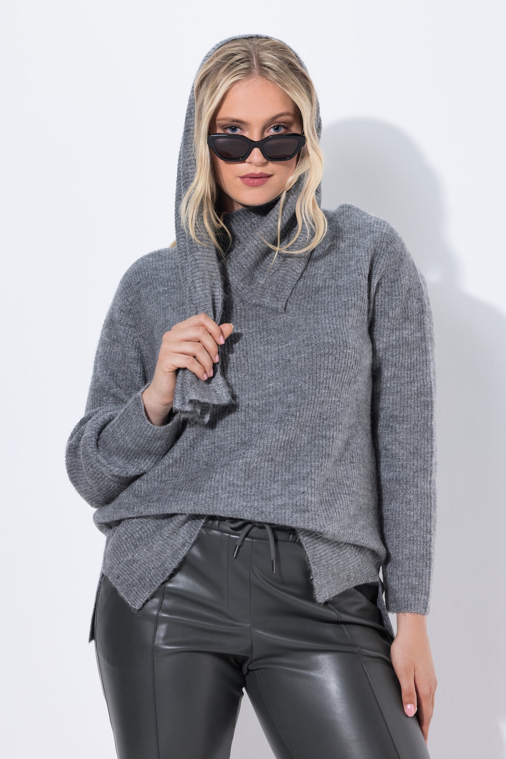 Pullover, Rippstrick, integrierter Schal, Langarm