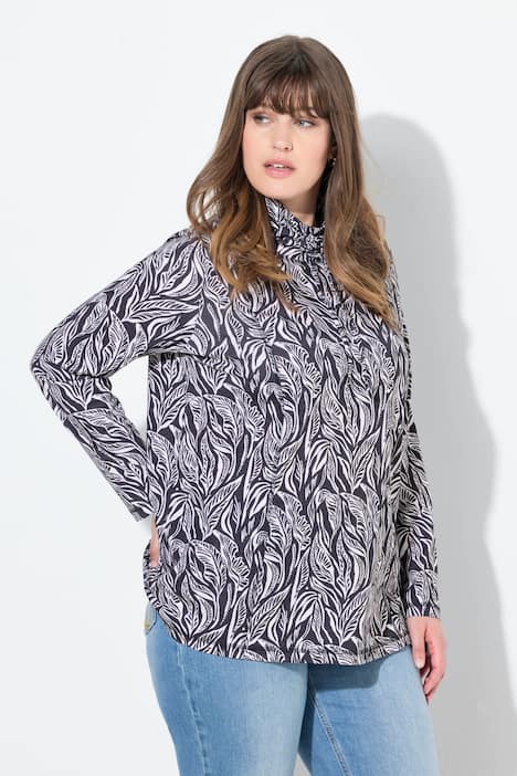 T-shirt en coton bio, à manches longues et col montant, motif feuillage