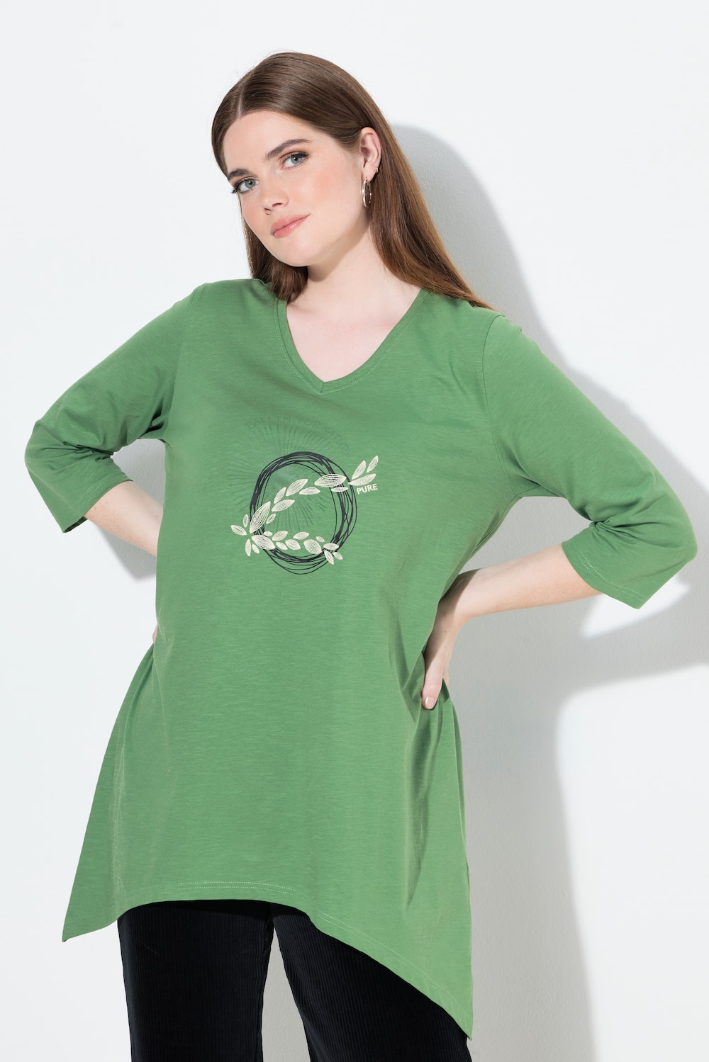 Shirt, Stickerei, V-Ausschnitt, 3/4-Arm, Biobaumwolle