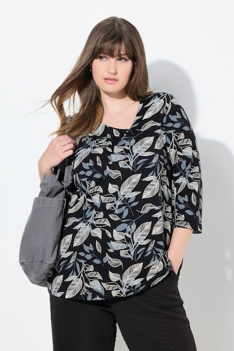 Shirt, Blätter, V-Ausschnitt, 3/4-Arm, Biobaumwolle