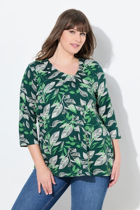 Shirt, Blätter, V-Ausschnitt, 3/4-Arm, Biobaumwolle
