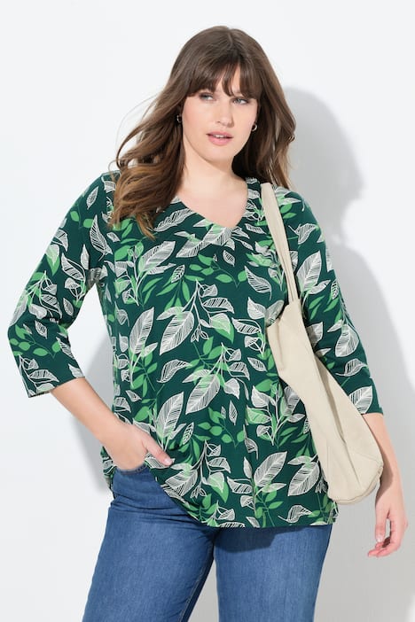 Shirt, Blätter, V-Ausschnitt, 3/4-Arm, Biobaumwolle