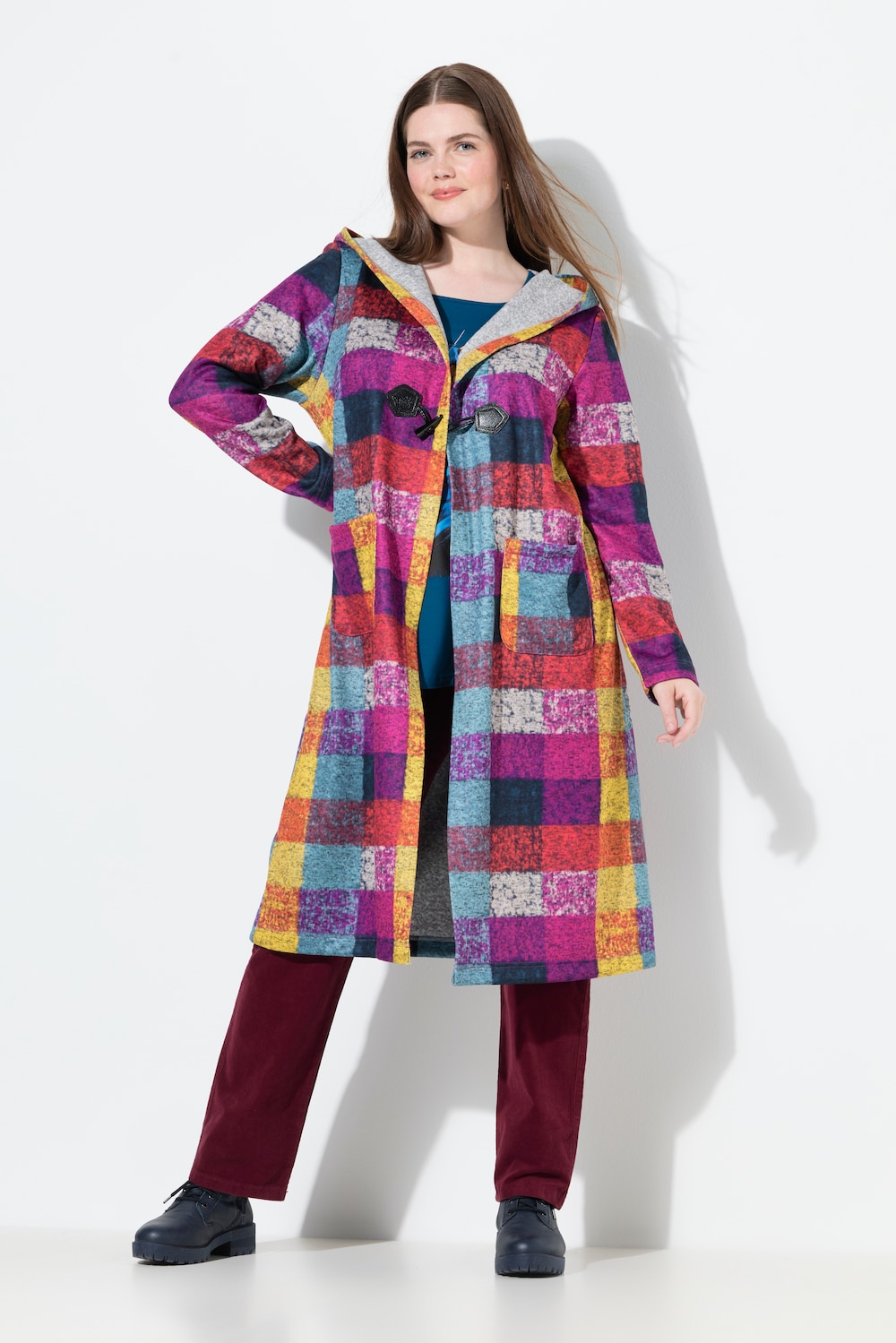 Long-Sweatjacke, Karo, Kapuze, Fleecefutter, Langarm