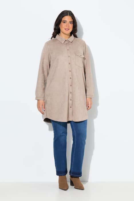 Suede-Longjacke, A-Linie, Hemdkragen, Langarm