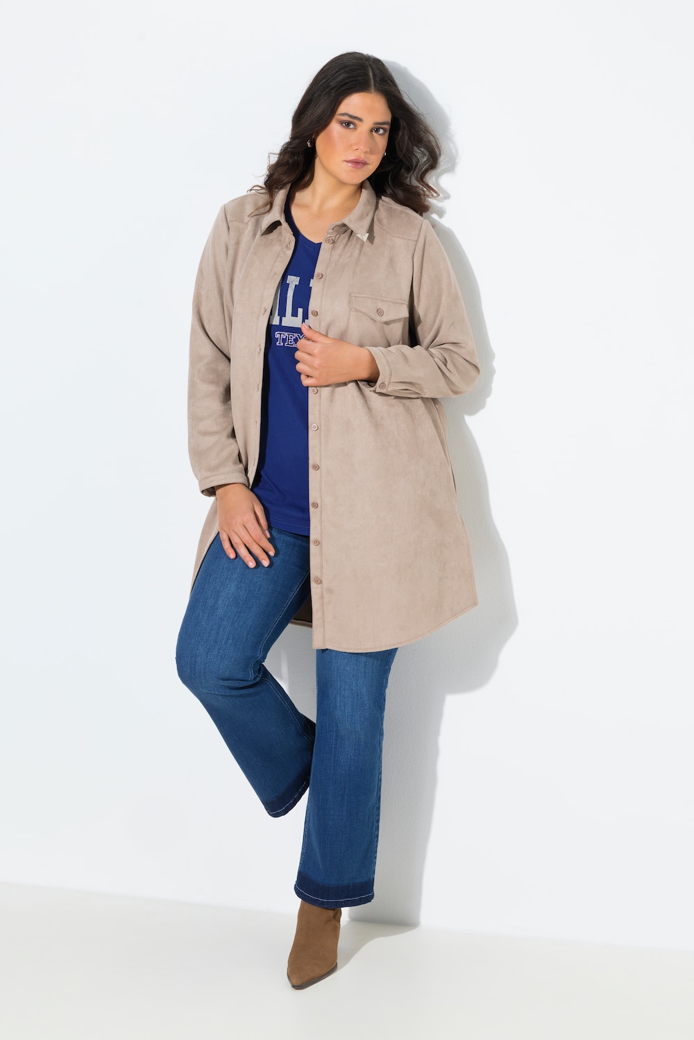 Suede-Longjacke, A-Linie, Hemdkragen, Langarm