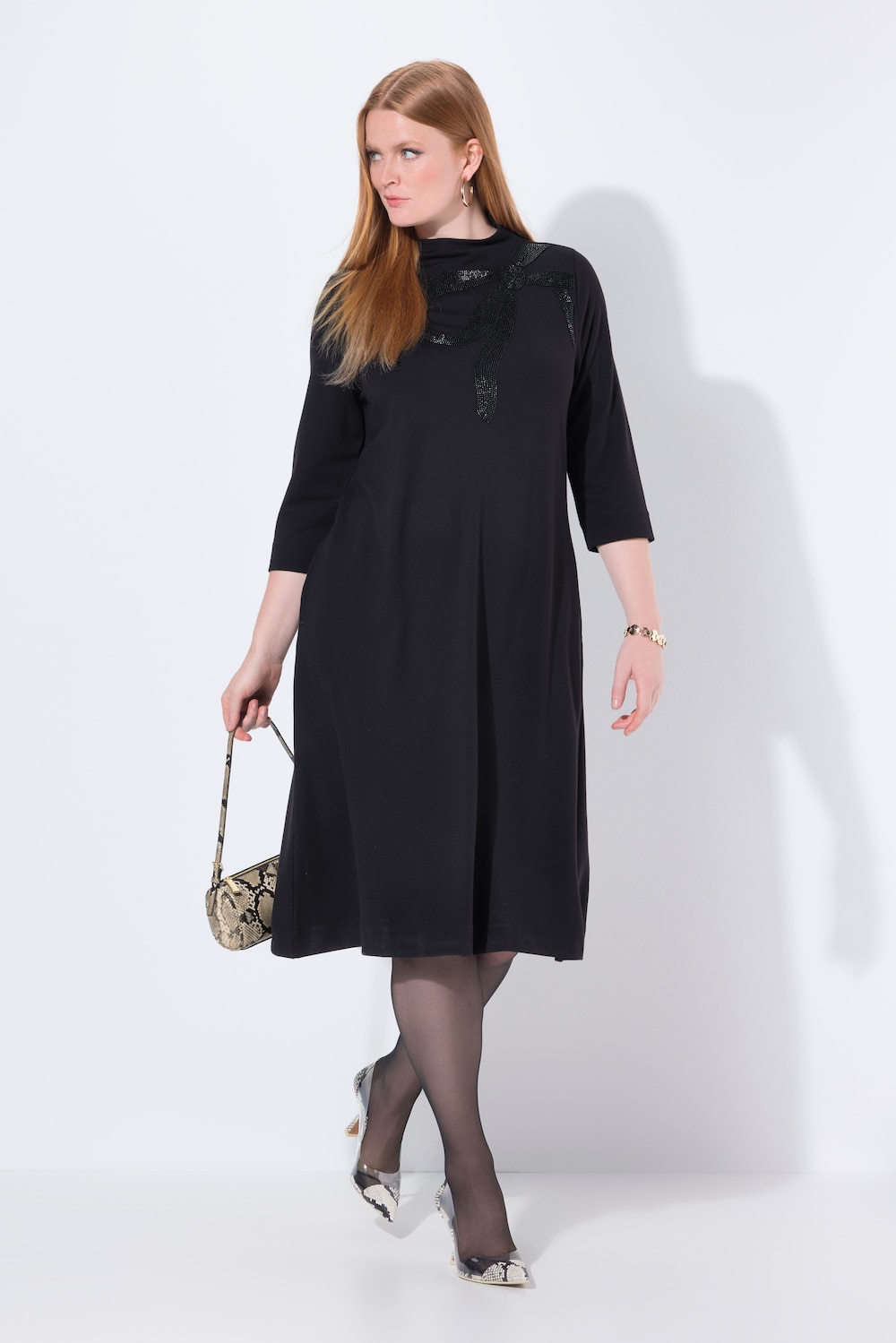 Punto-Midikleid, Perlen, A-Linie, Stehkragen, 3/4-Arm