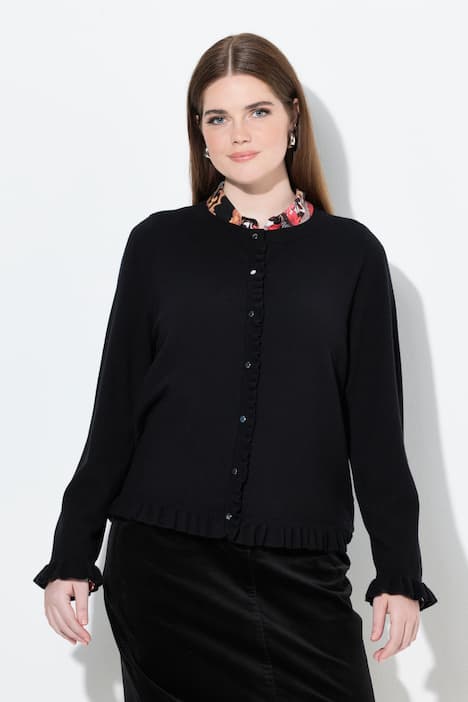 Strickjacke, Rüschen, Knopfleiste, Rundhals, Langarm