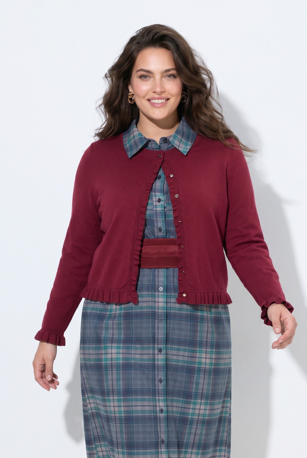 Strickjacke, Rüschen, Knopfleiste, Rundhals, Langarm