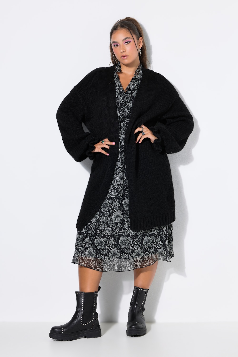 Long-Strickjacke, oversized, Ärmel-Raffung