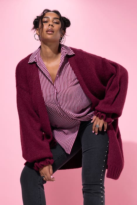 Long-Strickjacke, oversized, Ärmel-Raffung