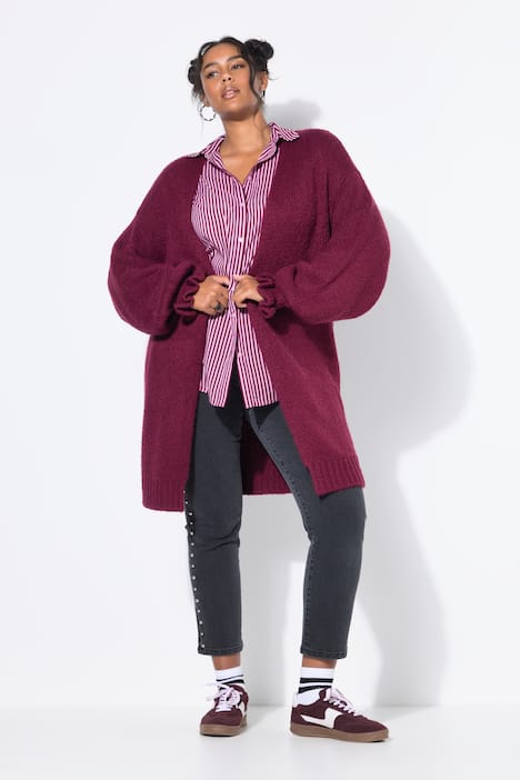 Long-Strickjacke, oversized, Ärmel-Raffung
