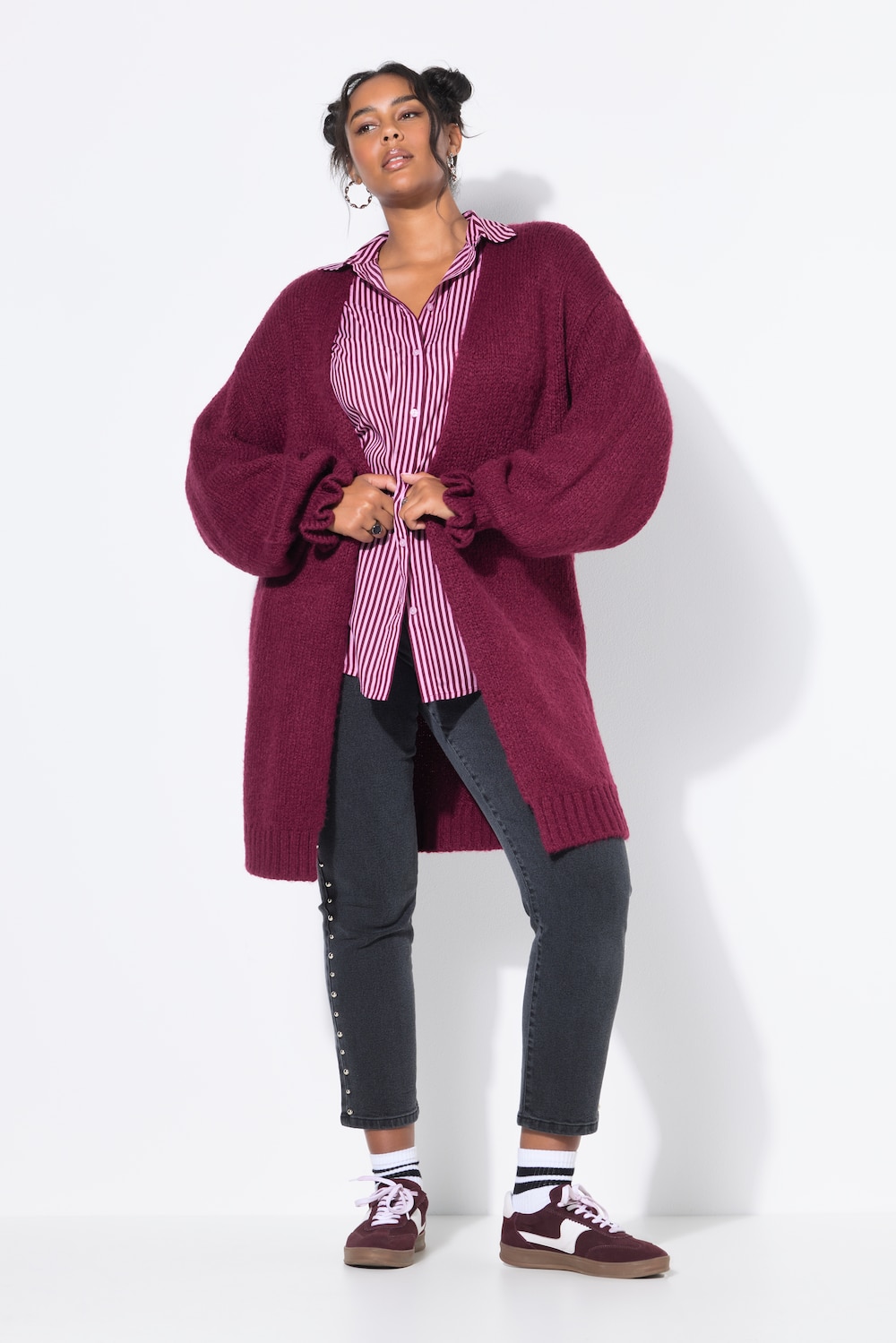Long-Strickjacke, oversized, Ärmel-Raffung