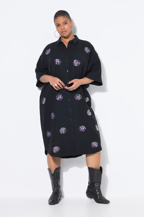 Midi-jurk, oversized, mousseline, ogen-borduursel
