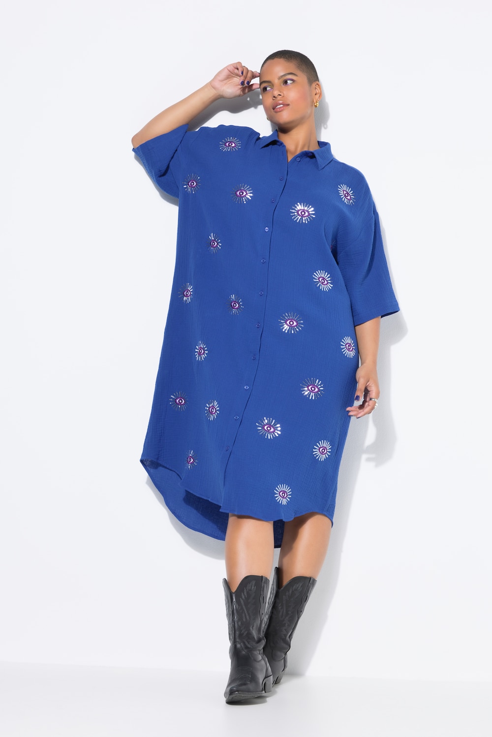 Midi-jurk, oversized, mousseline, ogen-borduursel