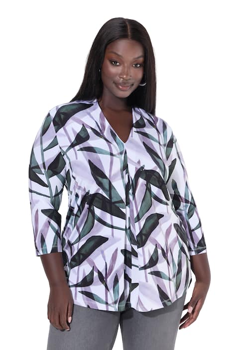 Tričko z elastického splývavého úpletu, listy, A-linie, kalichový límec, 3/4 rukáv