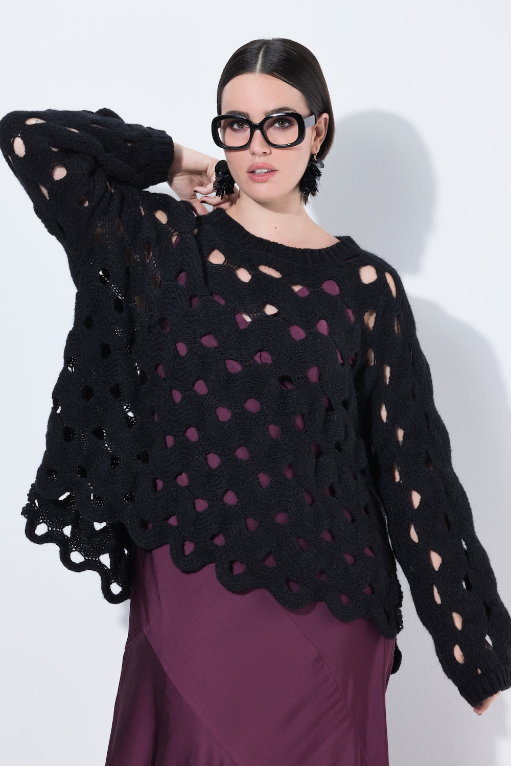 Pullover, Lochstrick, Oversized, Rundhals, Langarm