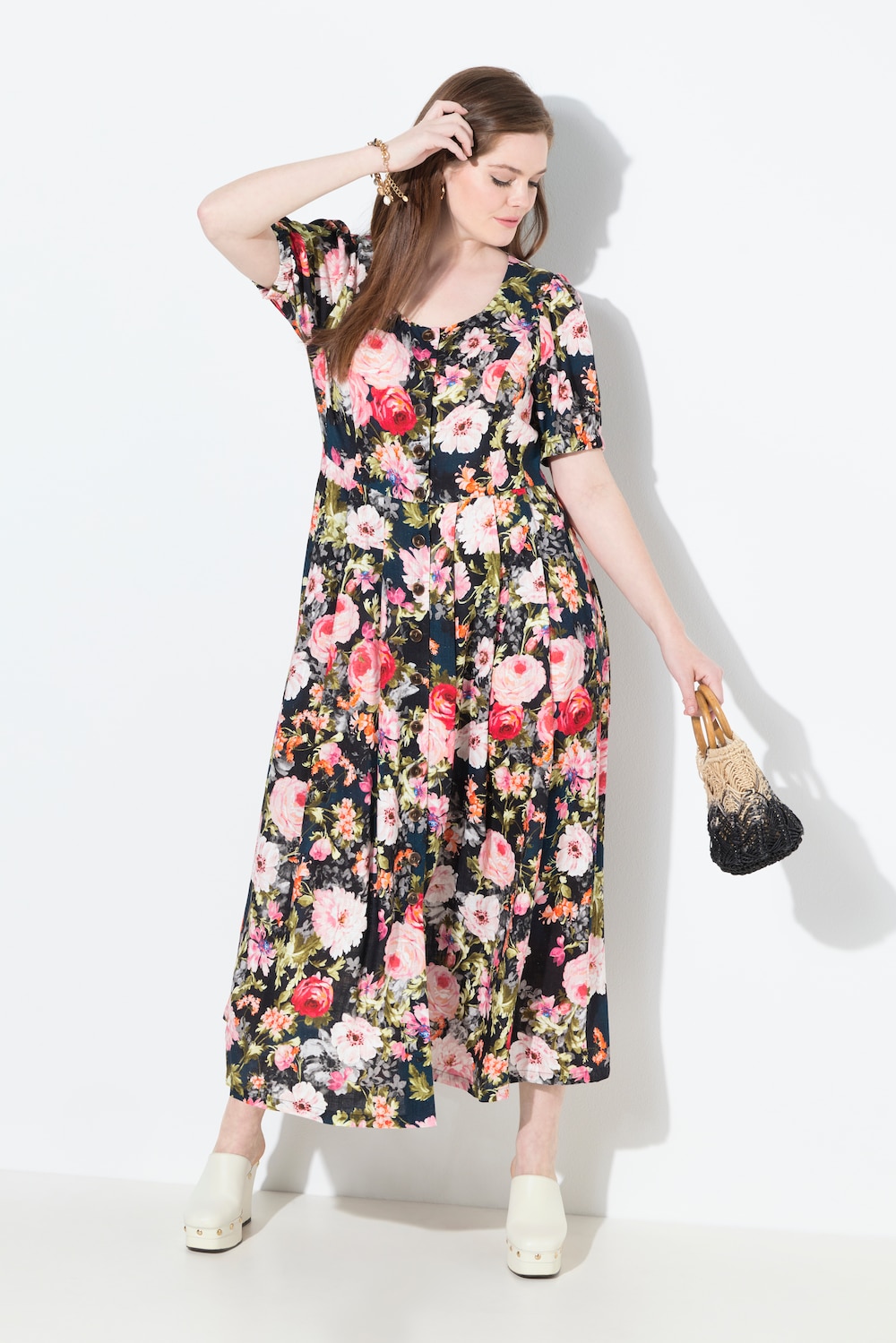 Maxi-jurk, linnenmix, bloemen, ronde hals, korte mouw