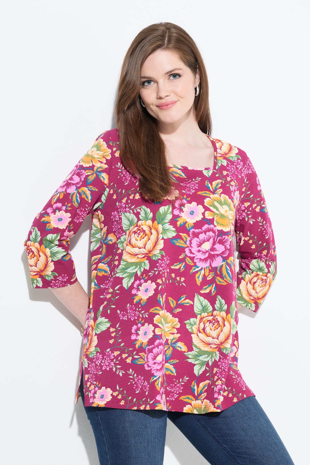 Shirt, Blüten, Classic, Carré-Ausschnitt, 3/4-Arm