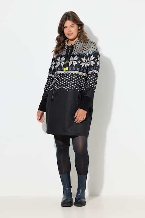 Norweger-Strick Fleece Kleid, Langarm, Stehkragen