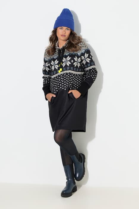 Norweger-Strick Fleece Kleid, Langarm, Stehkragen