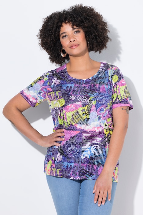 T-Shirt, Glitzersteinchen, Graffiti-Muster