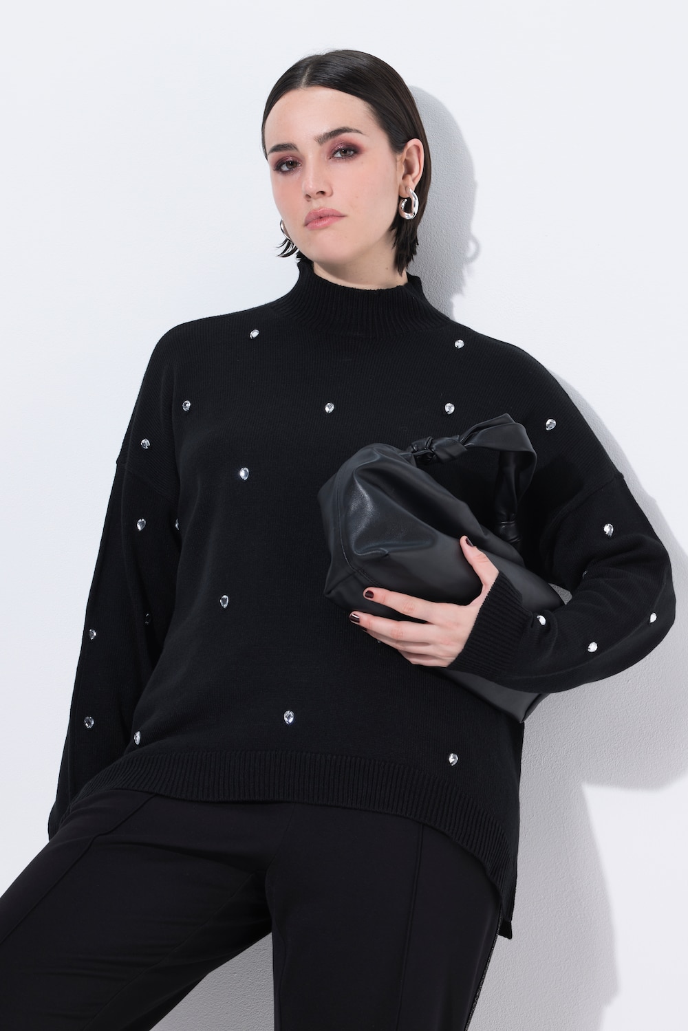 Pullover, Ziersteine, Oversized, Stehkragen, Langarm