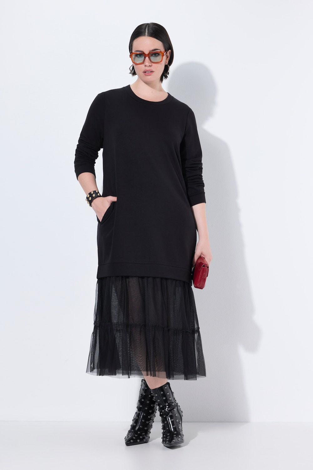 Sweat-Maxikleid, Tüll-Volant, Rundhals, Langarm