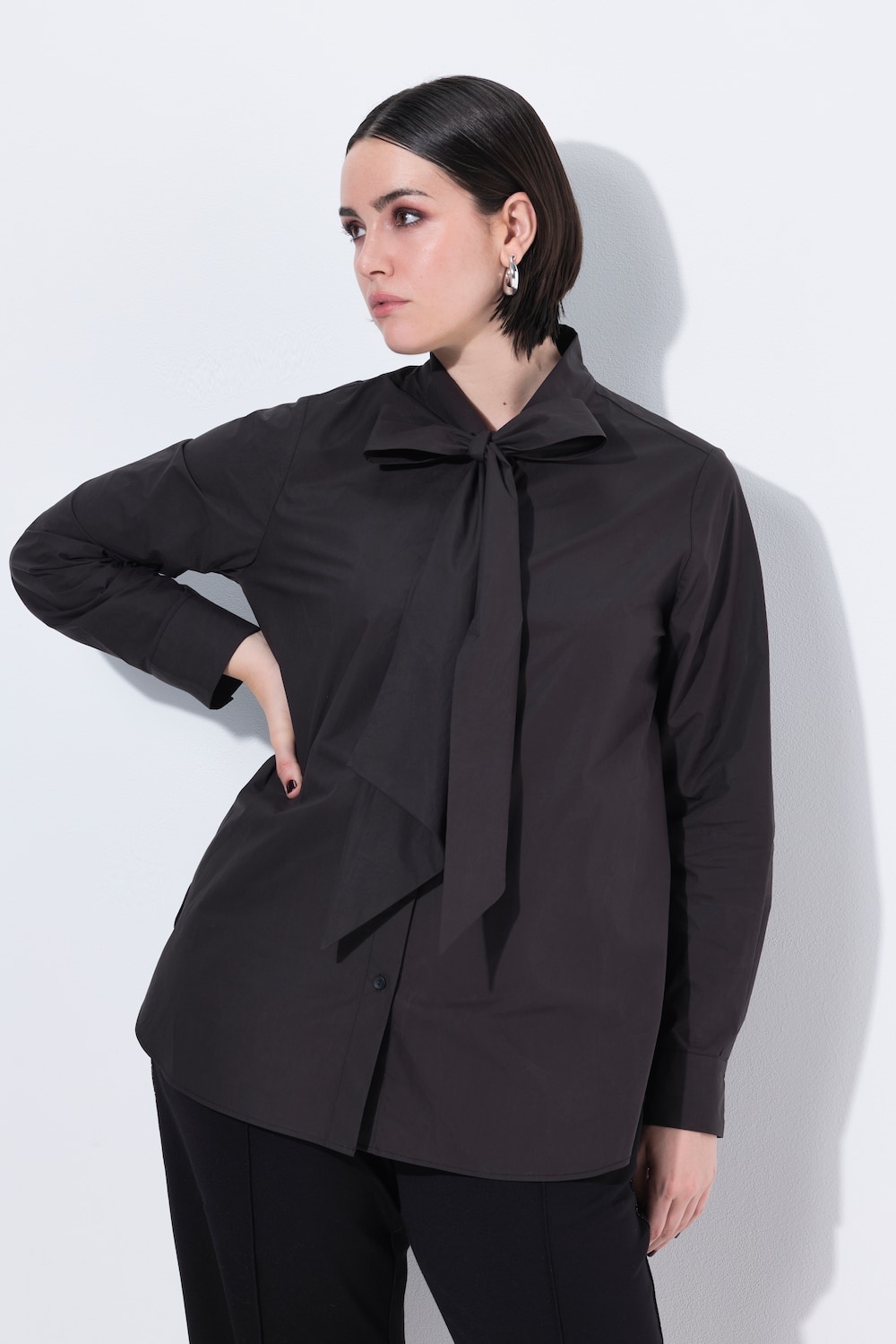 Blouse met strikhals, A-lijn, opstaande kraag, lange mouwen