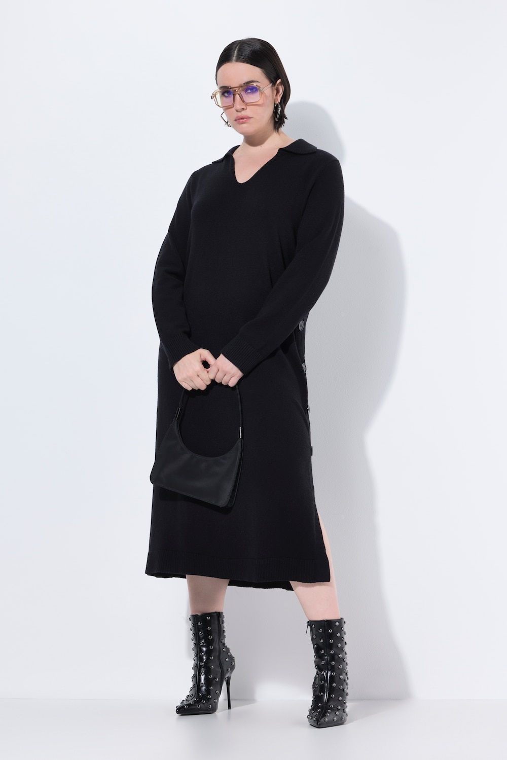 Midi-Strickkleid, Hemdkragen, V-Ausschnitt, Langarm