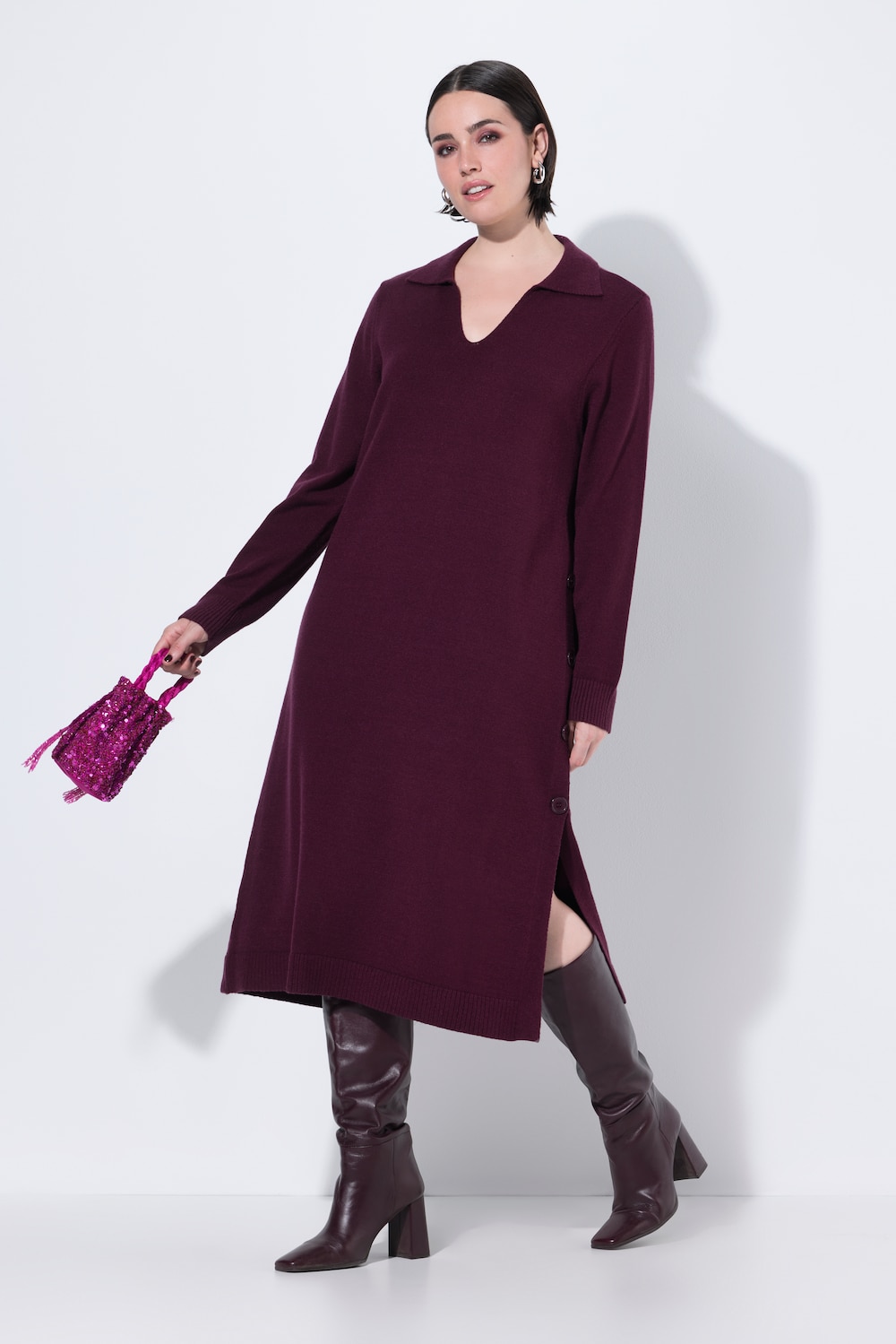 Midi-Strickkleid, Hemdkragen, V-Ausschnitt, Langarm