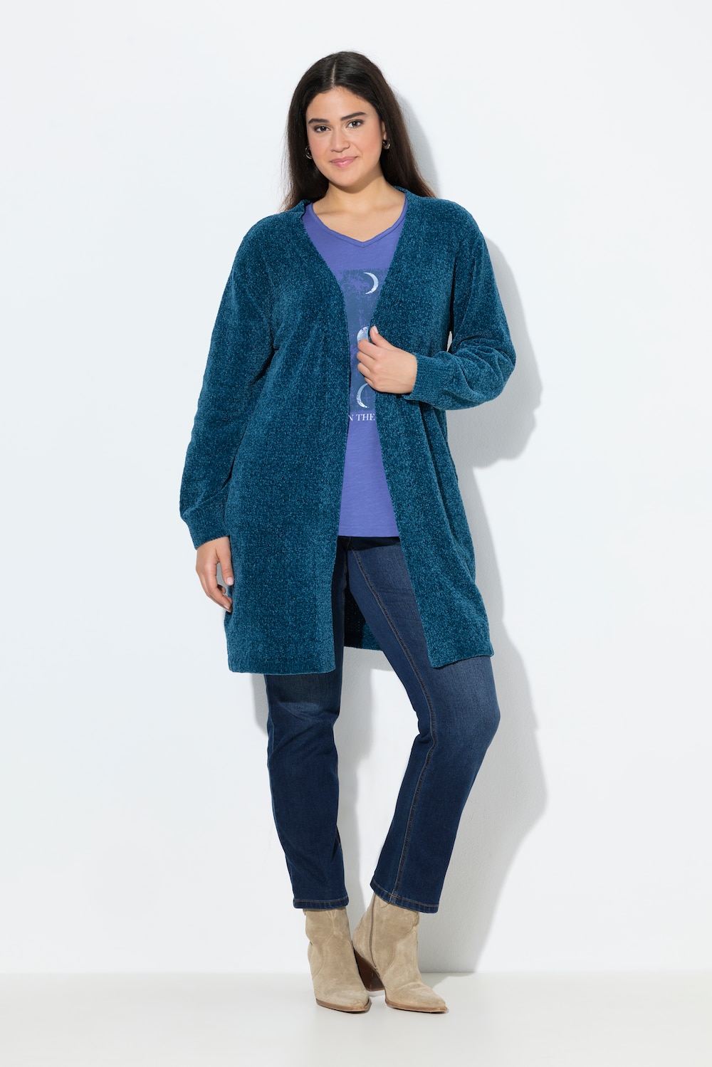 Große Größen Chenille-Strickjacke, Damen, blau, Größe: 46/48, Polyester, Ulla Popken