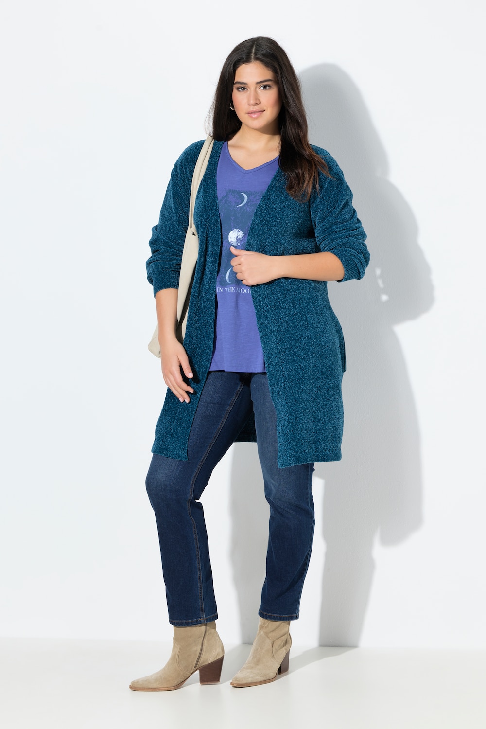 Chenille-Strickjacke, V-Ausschnitt, offene Form, Langarm