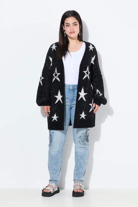Long-Strickjacke, offen, Sterne, Ballon-Langarm