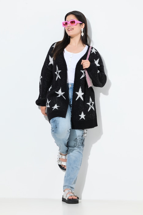 Long-Strickjacke, offen, Sterne, Ballon-Langarm