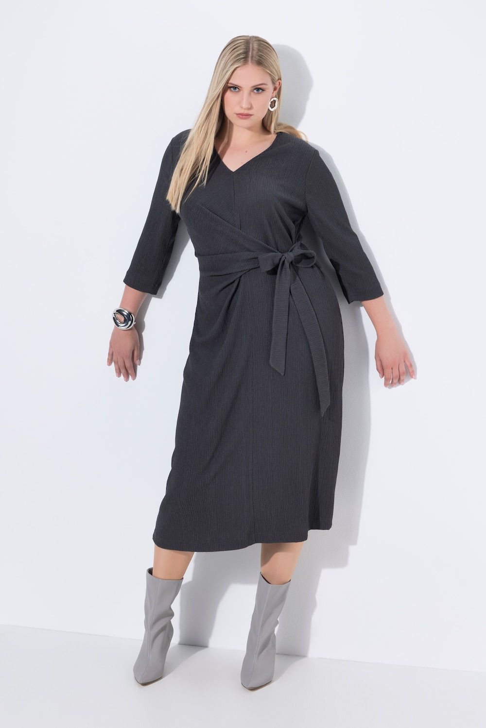 Große Größen Wickel-Midikleid, Damen, grau, Größe: 54/56, Polyester, Ulla Popken