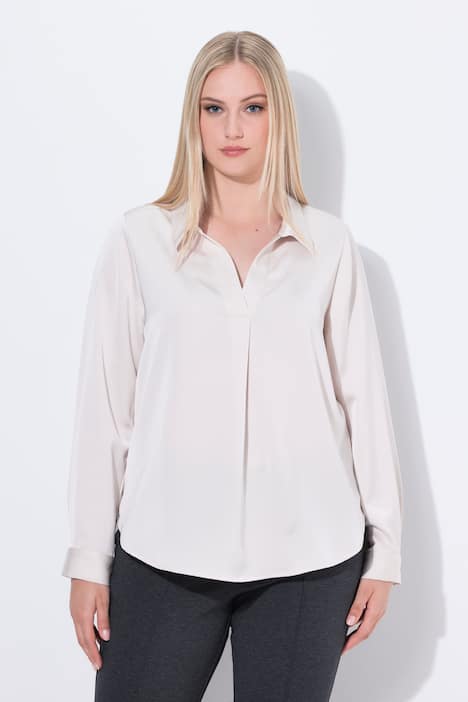 Satijnen blouse, sierplooi, A-lijn, overhemdkraag, lange mouwen