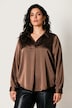 Satijnen blouse, sierplooi, A-lijn, overhemdkraag, lange mouwen
