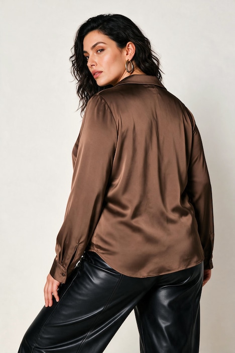 Satijnen blouse, sierplooi, A-lijn, overhemdkraag, lange mouwen