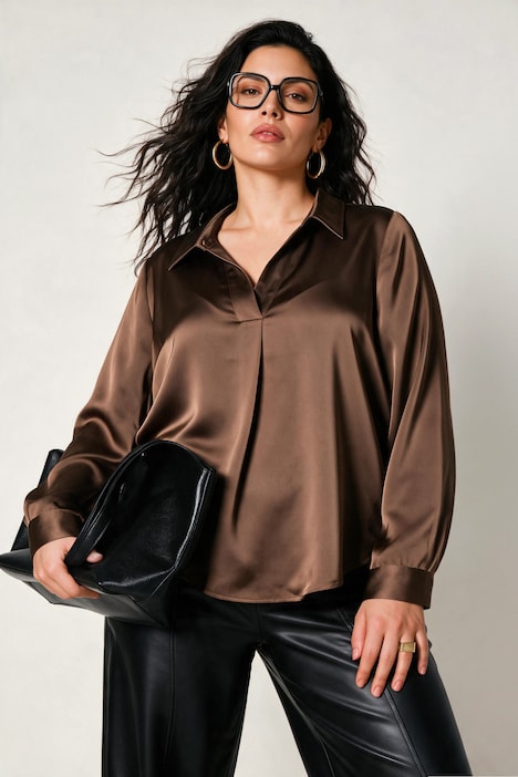 Satijnen blouse, sierplooi, A-lijn, overhemdkraag, lange mouwen