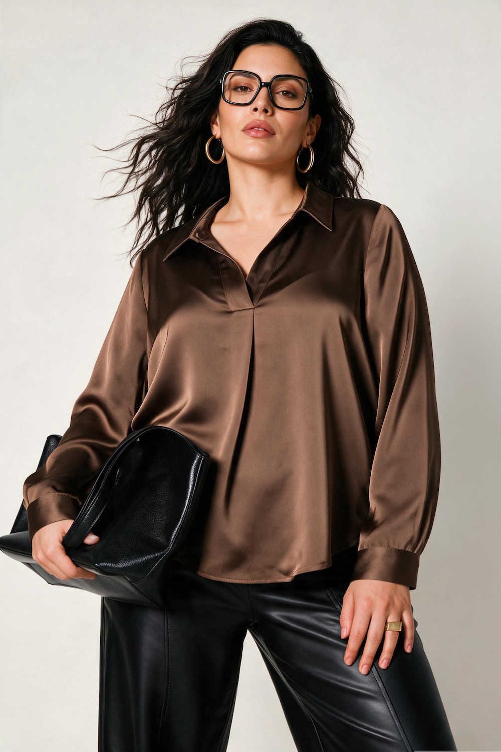 Satinbluse, Zierfalte, A-Linie, Hemdkragen, Langarm