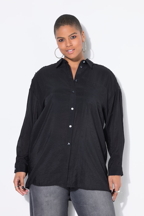 Bluse, oversized, pailletter og frynser på skuldrene