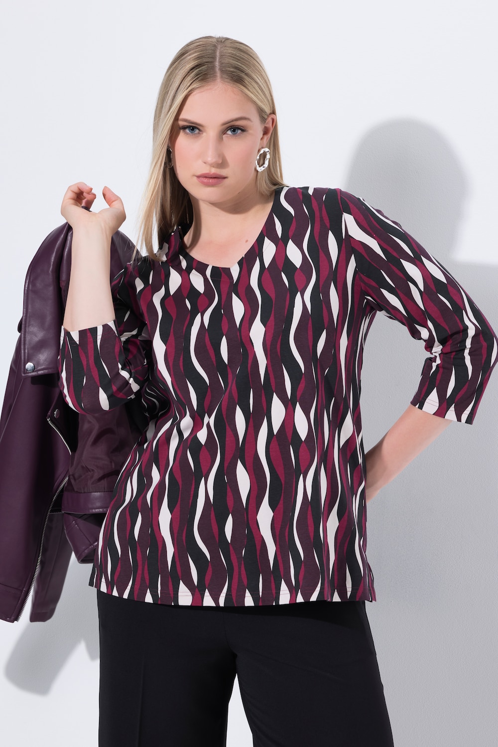 Shirt, golven, Classic, V-hals, 3/4-mouwen