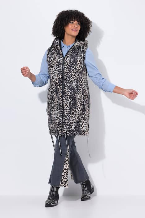 Chaleco largo acolchado, ajuste regular, cintas decorativas de leopardo