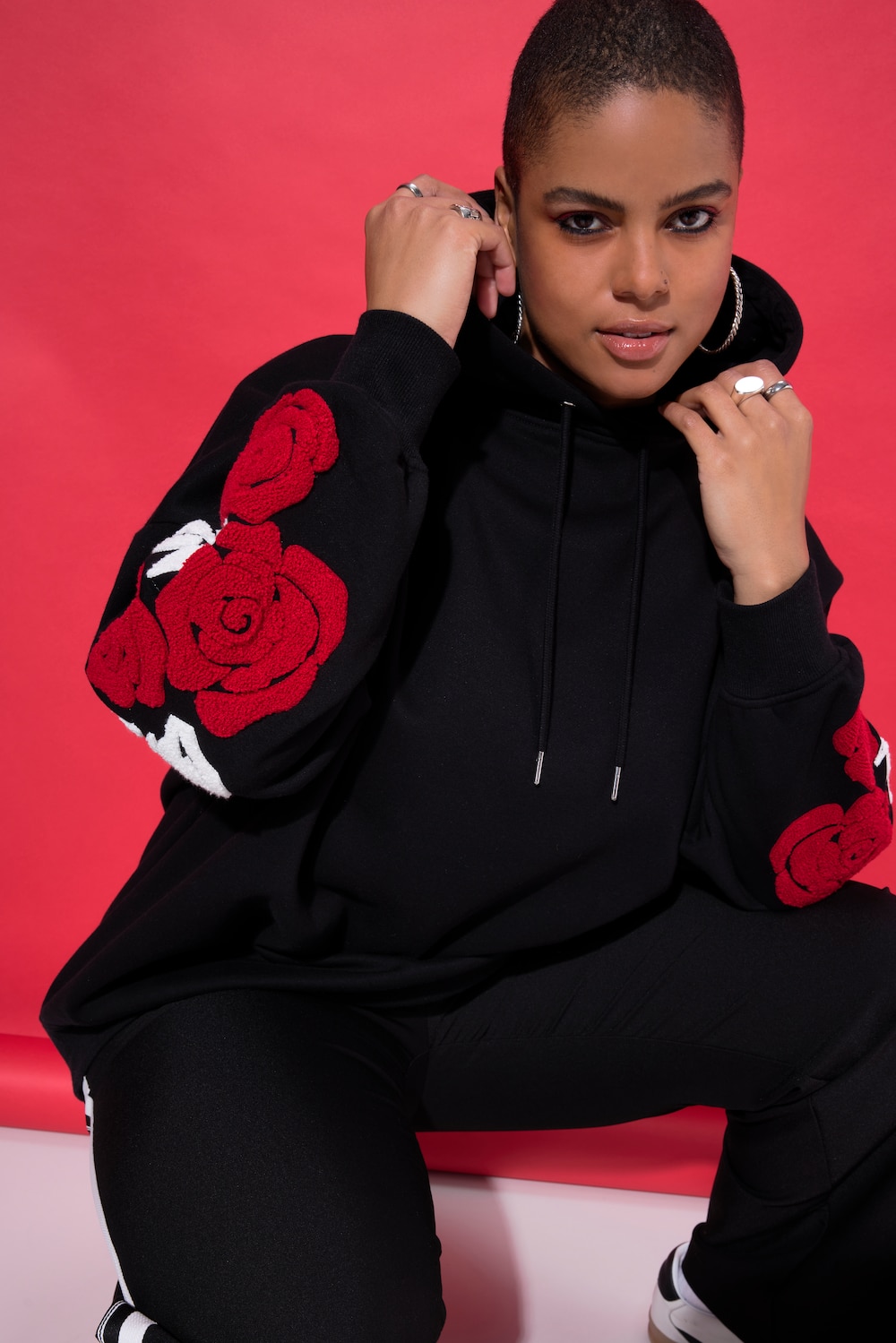 Hoodie, very oversized, Ärmel-Roses Towelprint