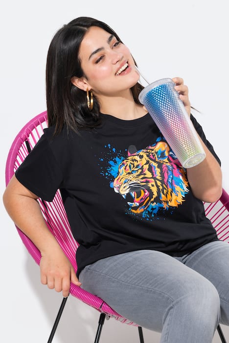 T-Shirt, Boxy Fit, farbiger Tigerkopf