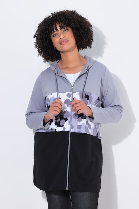 Long-Sweatjacke, A-Linie, Leo-Streifen, Rücken-Wording