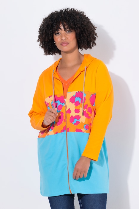 Long-Sweatjacke, A-Linie, Leo-Streifen, Rücken-Wording
