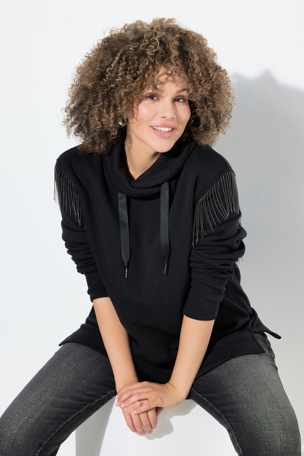 Sweatshirt, kettingfranjes, opstaande kraag, lange mouwen