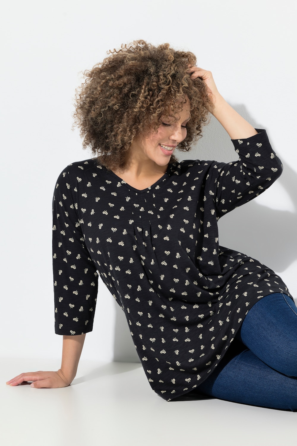 Shirt, Blüten, A-Linie, V-Ausschnitt, 3/4-Arm