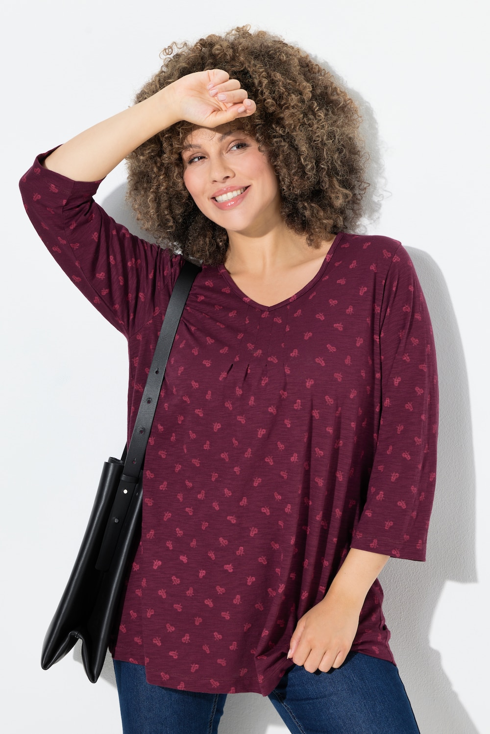 Shirt, Blüten, A-Linie, V-Ausschnitt, 3/4-Arm